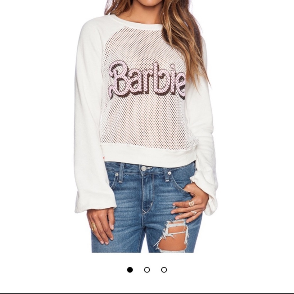 Wildfox Loves BARBIE Warm Up Mesh Sweater Sweatshirt Ivory